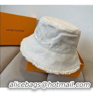 Grade Inexpensive Louis Vuitton Monogram Denim Bucket Hat with Fringe Trim 17123 White 2025