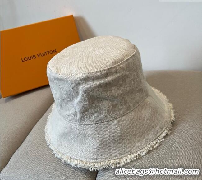 Grade Inexpensive Louis Vuitton Monogram Denim Bucket Hat with Fringe Trim 17123 White 2025