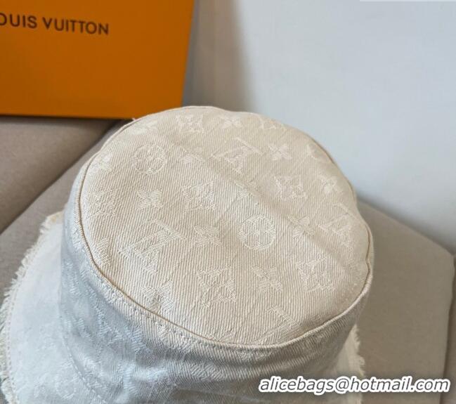 Grade Inexpensive Louis Vuitton Monogram Denim Bucket Hat with Fringe Trim 17123 White 2025