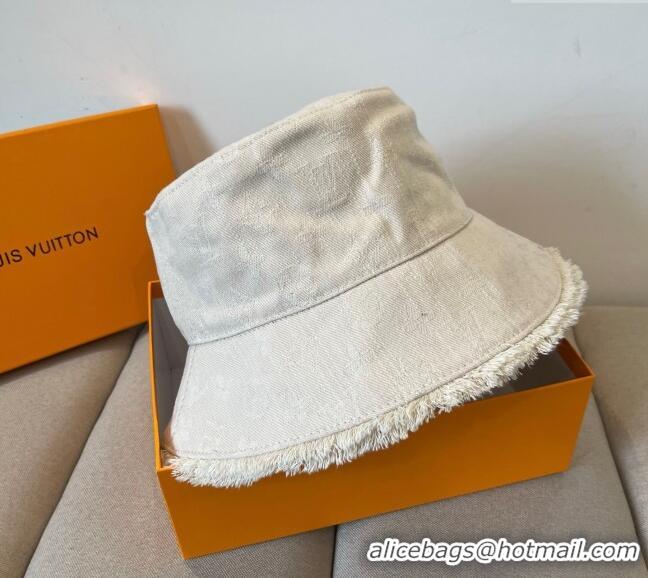 Grade Inexpensive Louis Vuitton Monogram Denim Bucket Hat with Fringe Trim 17123 White 2025