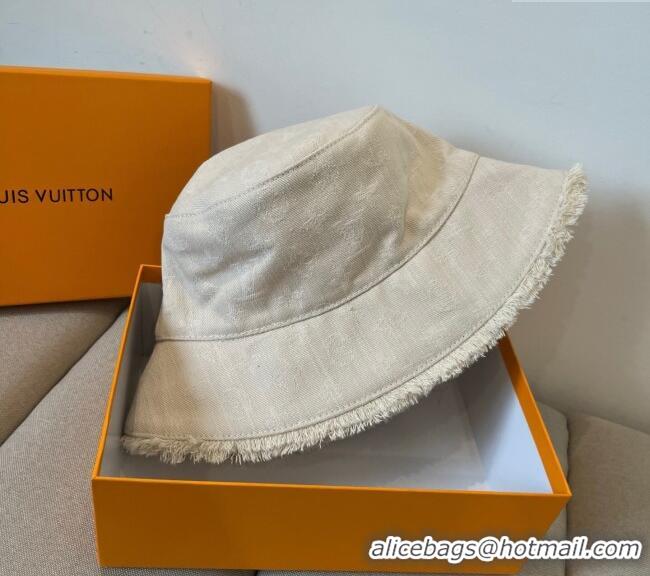 Grade Inexpensive Louis Vuitton Monogram Denim Bucket Hat with Fringe Trim 17123 White 2025