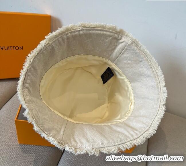 Grade Inexpensive Louis Vuitton Monogram Denim Bucket Hat with Fringe Trim 17123 White 2025