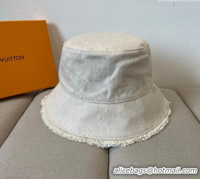 Grade Inexpensive Louis Vuitton Monogram Denim Bucket Hat with Fringe Trim 17123 White 2025