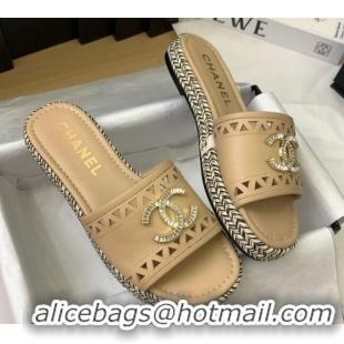 Good Product Chanel Cutout Calfskin Flat Slides Sandal Beige 2025 CH041611