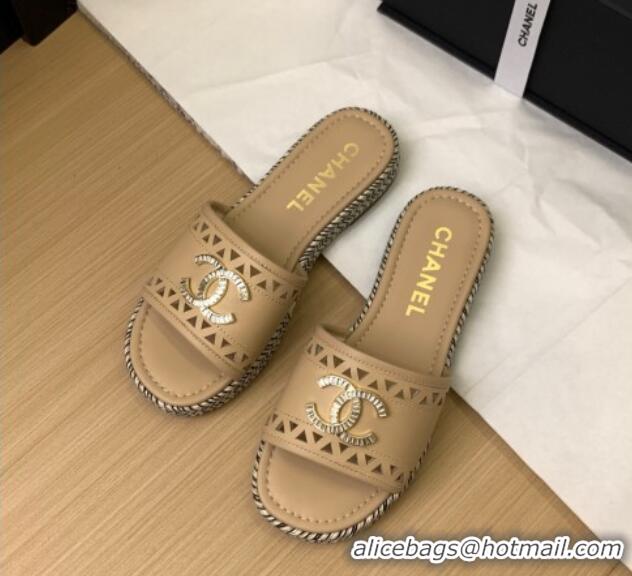 Good Product Chanel Cutout Calfskin Flat Slides Sandal Beige 2025 CH041611