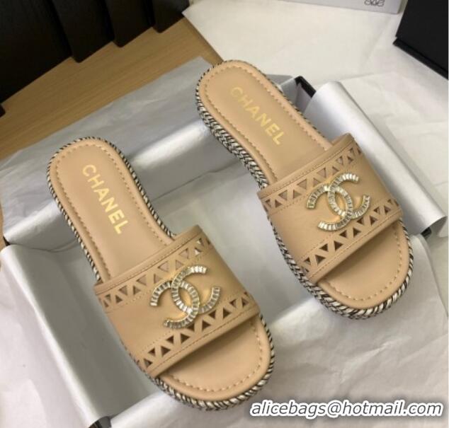 Good Product Chanel Cutout Calfskin Flat Slides Sandal Beige 2025 CH041611