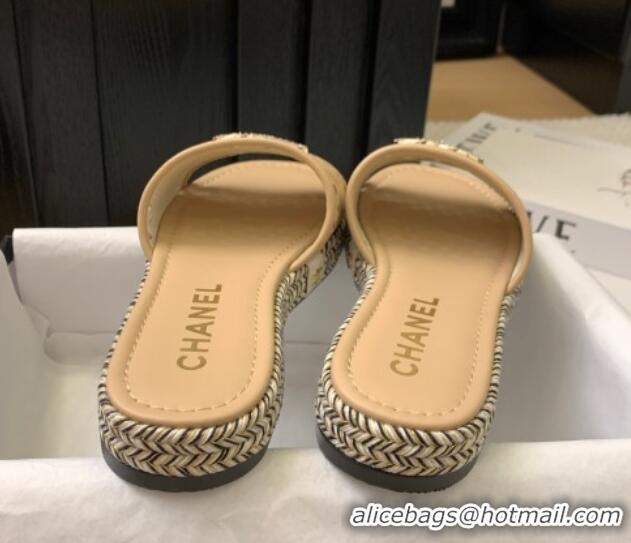 Good Product Chanel Cutout Calfskin Flat Slides Sandal Beige 2025 CH041611