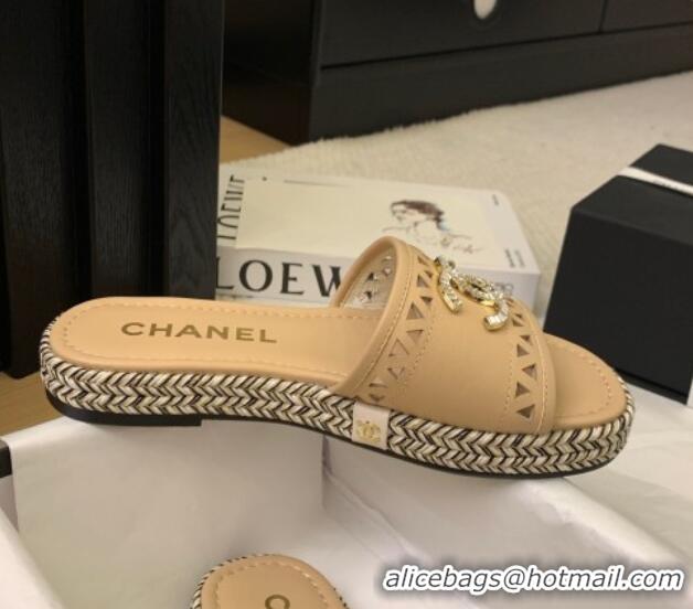 Good Product Chanel Cutout Calfskin Flat Slides Sandal Beige 2025 CH041611
