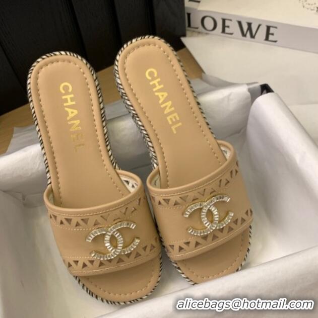 Good Product Chanel Cutout Calfskin Flat Slides Sandal Beige 2025 CH041611