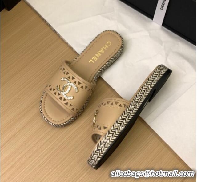 Good Product Chanel Cutout Calfskin Flat Slides Sandal Beige 2025 CH041611