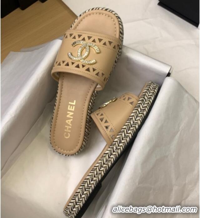 Good Product Chanel Cutout Calfskin Flat Slides Sandal Beige 2025 CH041611