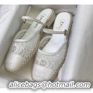 Charming Chanel Lace & Calfskin Flat Mules White 2025 CH041612