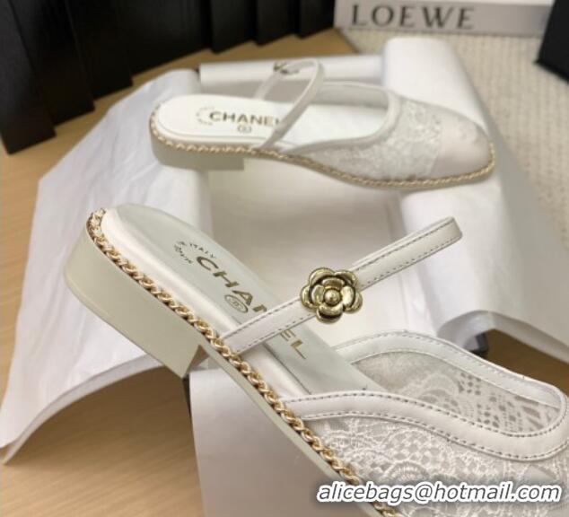 Charming Chanel Lace & Calfskin Flat Mules White 2025 CH041612