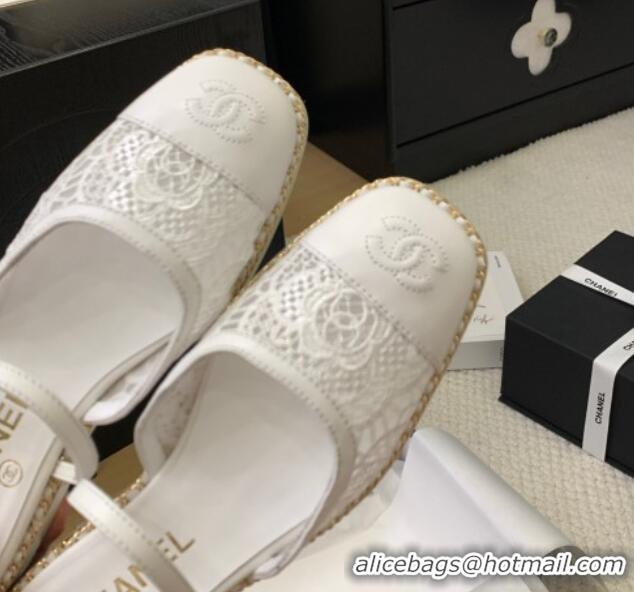 Charming Chanel Lace & Calfskin Flat Mules White 2025 CH041612
