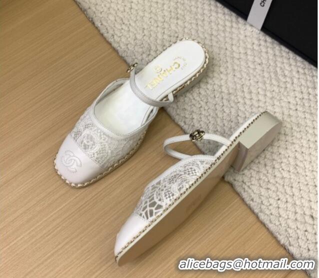 Charming Chanel Lace & Calfskin Flat Mules White 2025 CH041612