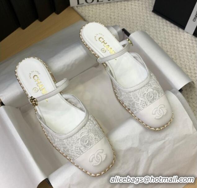 Charming Chanel Lace & Calfskin Flat Mules White 2025 CH041612