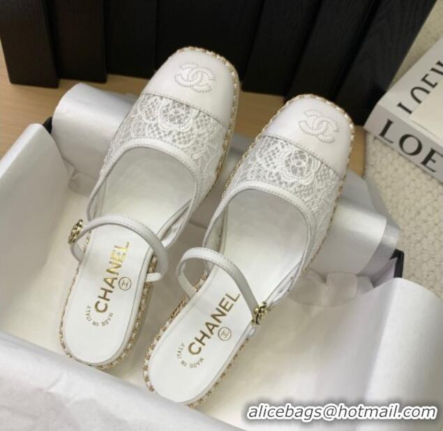 Charming Chanel Lace & Calfskin Flat Mules White 2025 CH041612