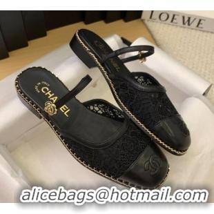 Stylish Chanel Lace & Calfskin Flat Mules Black 2025 CH041612