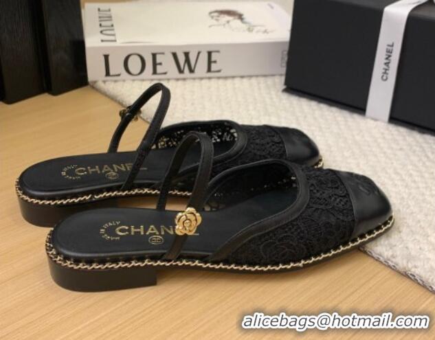 Stylish Chanel Lace & Calfskin Flat Mules Black 2025 CH041612