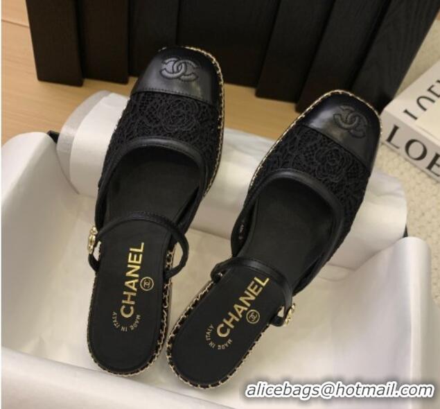 Stylish Chanel Lace & Calfskin Flat Mules Black 2025 CH041612