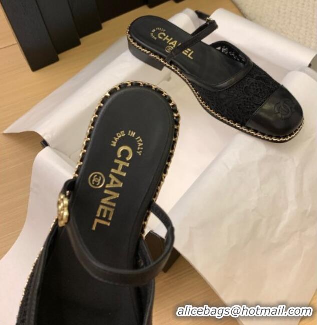 Stylish Chanel Lace & Calfskin Flat Mules Black 2025 CH041612