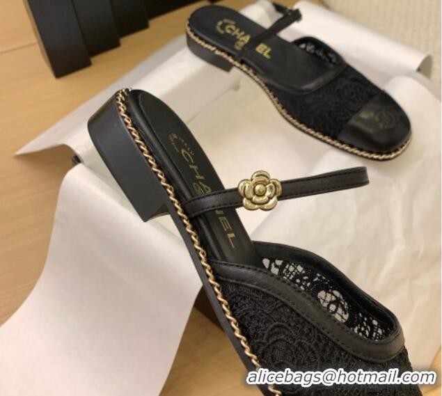 Stylish Chanel Lace & Calfskin Flat Mules Black 2025 CH041612
