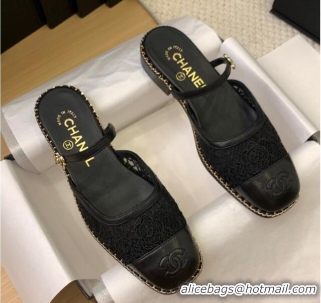 Stylish Chanel Lace & Calfskin Flat Mules Black 2025 CH041612