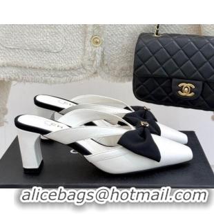Sophisticated Chanel Lambskin Heel Mules with Bow White 2025 CH041612