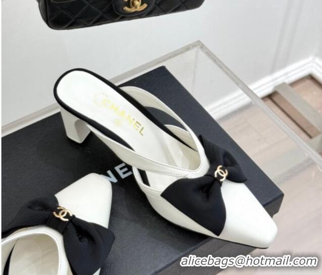 Sophisticated Chanel Lambskin Heel Mules with Bow White 2025 CH041612