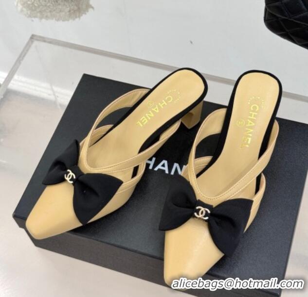 Stylish Chanel Lambskin Heel Mules with Bow Beige 2025 CH041612