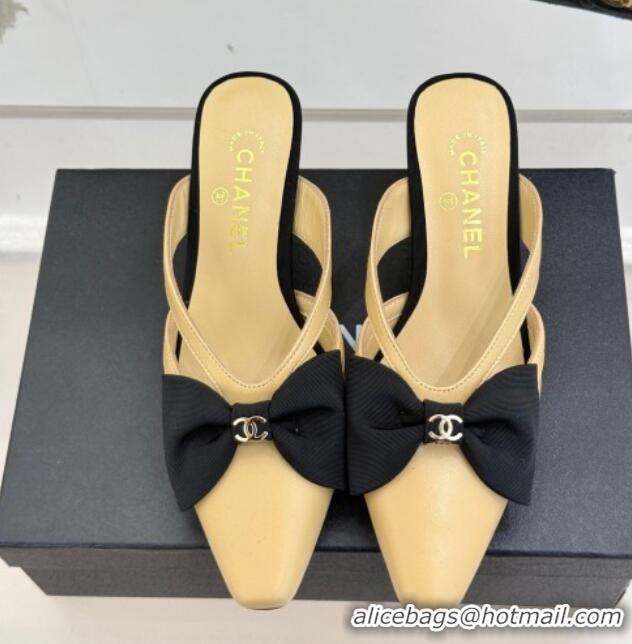 Stylish Chanel Lambskin Heel Mules with Bow Beige 2025 CH041612