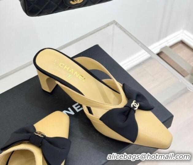 Stylish Chanel Lambskin Heel Mules with Bow Beige 2025 CH041612