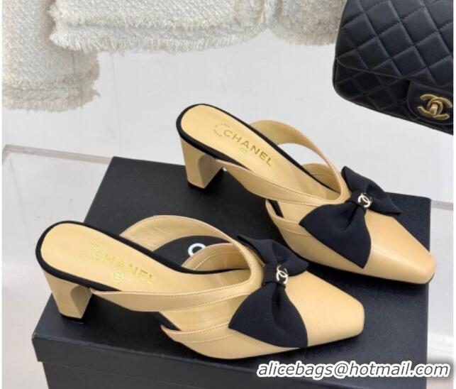 Stylish Chanel Lambskin Heel Mules with Bow Beige 2025 CH041612