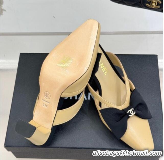 Stylish Chanel Lambskin Heel Mules with Bow Beige 2025 CH041612