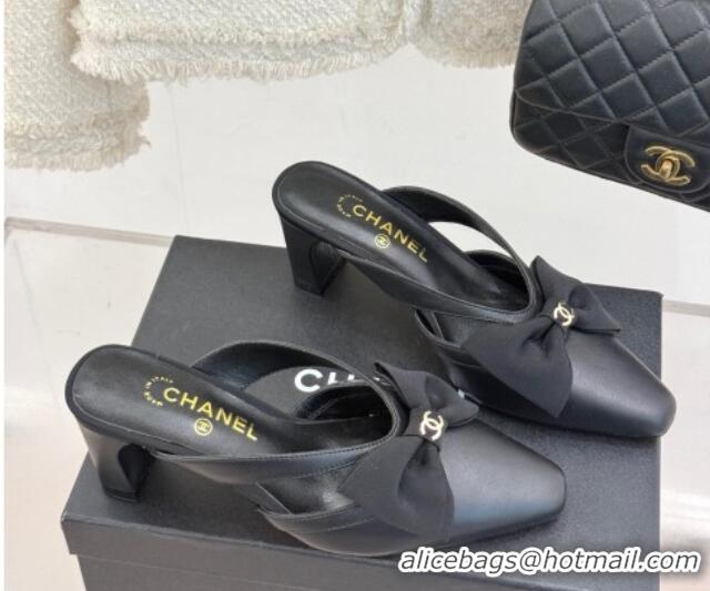 Grade Quality Chanel Lambskin Heel Mules with Bow Black 2025 CH041612