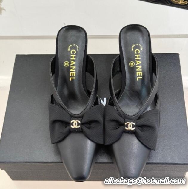 Grade Quality Chanel Lambskin Heel Mules with Bow Black 2025 CH041612