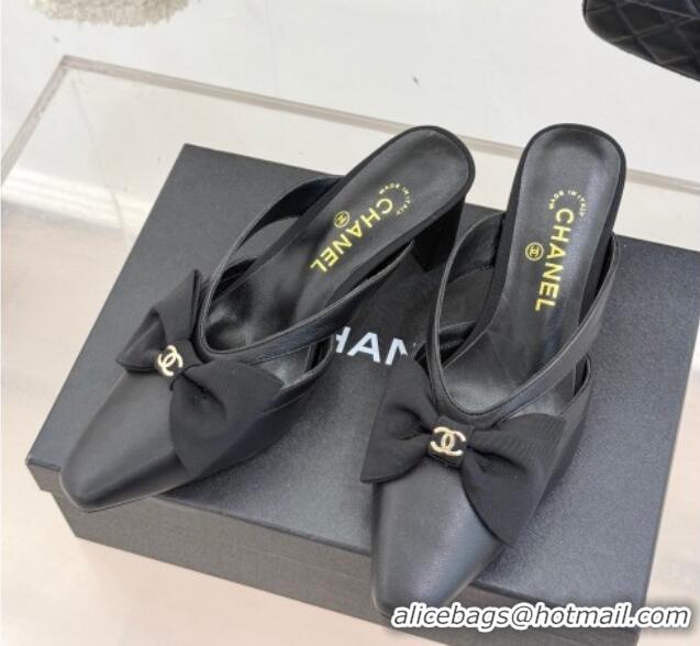 Grade Quality Chanel Lambskin Heel Mules with Bow Black 2025 CH041612