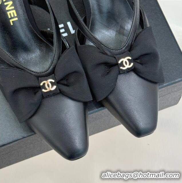 Grade Quality Chanel Lambskin Heel Mules with Bow Black 2025 CH041612