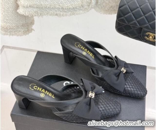 Duplicate Chanel Mesh Heel Mules with Bow Black 2025 CH041612