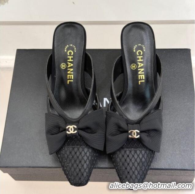 Duplicate Chanel Mesh Heel Mules with Bow Black 2025 CH041612