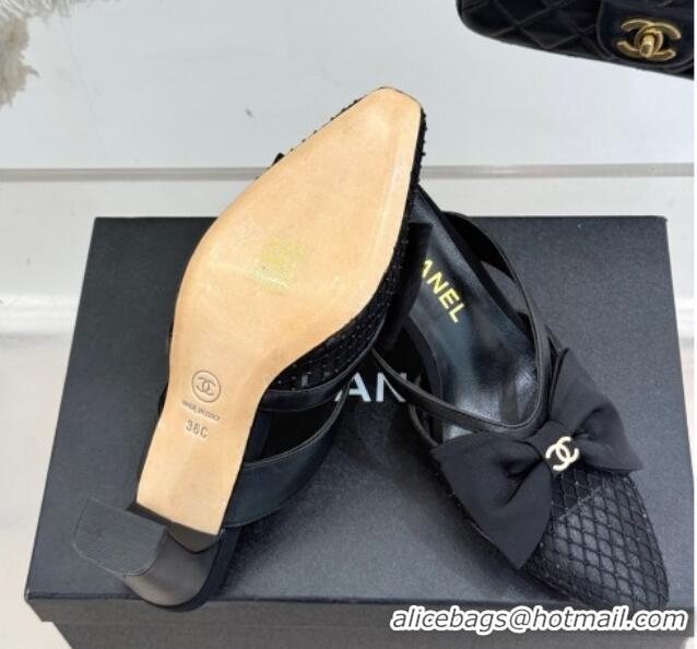 Duplicate Chanel Mesh Heel Mules with Bow Black 2025 CH041612