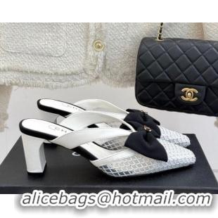 Grade Chanel Mesh Heel Mules with Bow White 2025 CH041612
