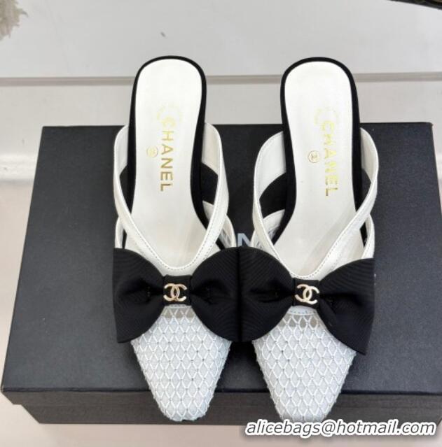 Grade Chanel Mesh Heel Mules with Bow White 2025 CH041612