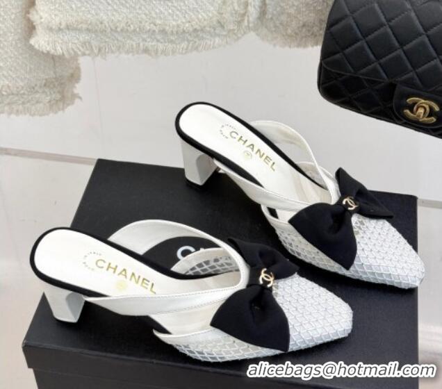Grade Chanel Mesh Heel Mules with Bow White 2025 CH041612