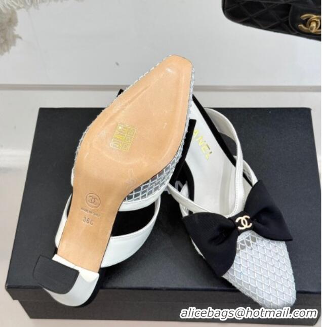 Grade Chanel Mesh Heel Mules with Bow White 2025 CH041612