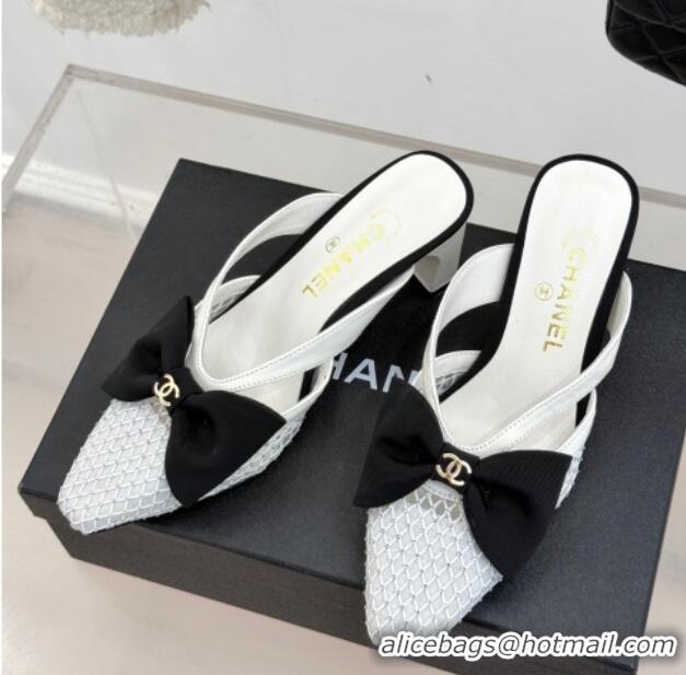 Grade Chanel Mesh Heel Mules with Bow White 2025 CH041612