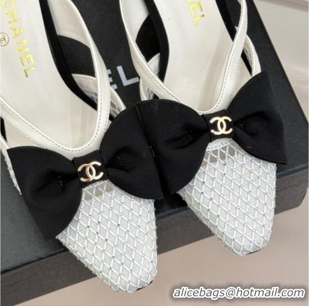 Grade Chanel Mesh Heel Mules with Bow White 2025 CH041612