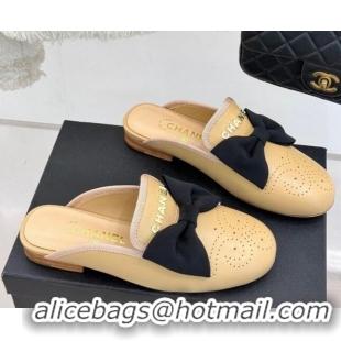 Perfect Chanel Lambskin Flat Mules with Bow Beige 2025 CH041613