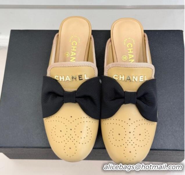 Perfect Chanel Lambskin Flat Mules with Bow Beige 2025 CH041613