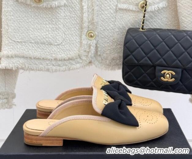 Perfect Chanel Lambskin Flat Mules with Bow Beige 2025 CH041613